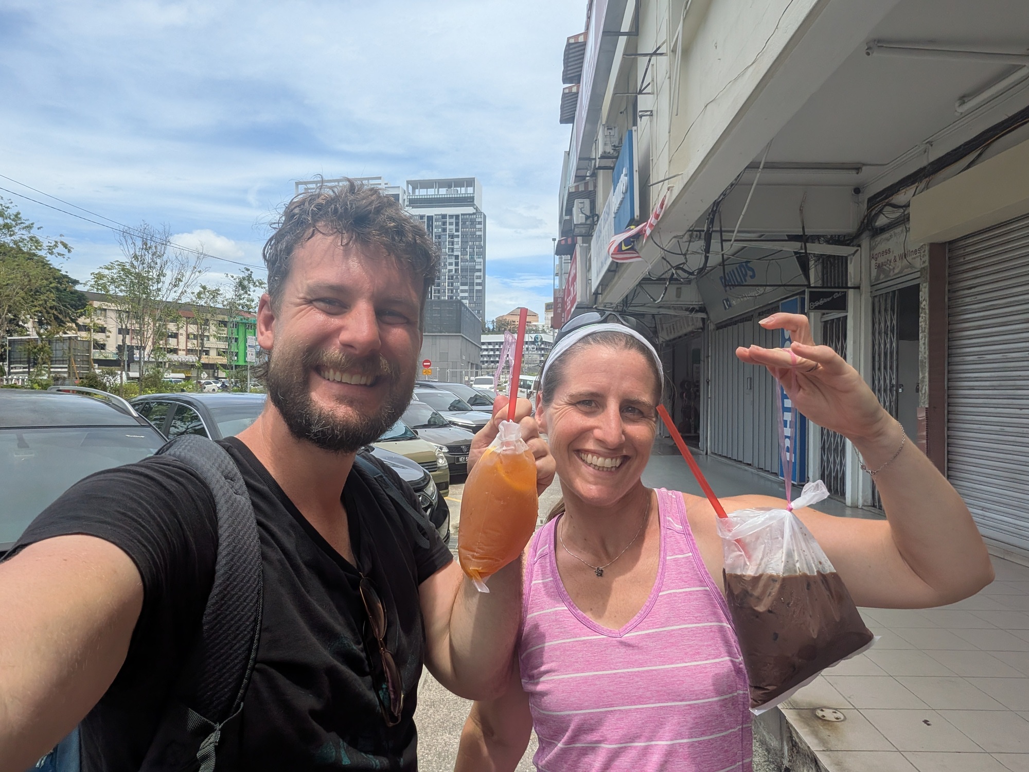 Getting our to go drinks in bags