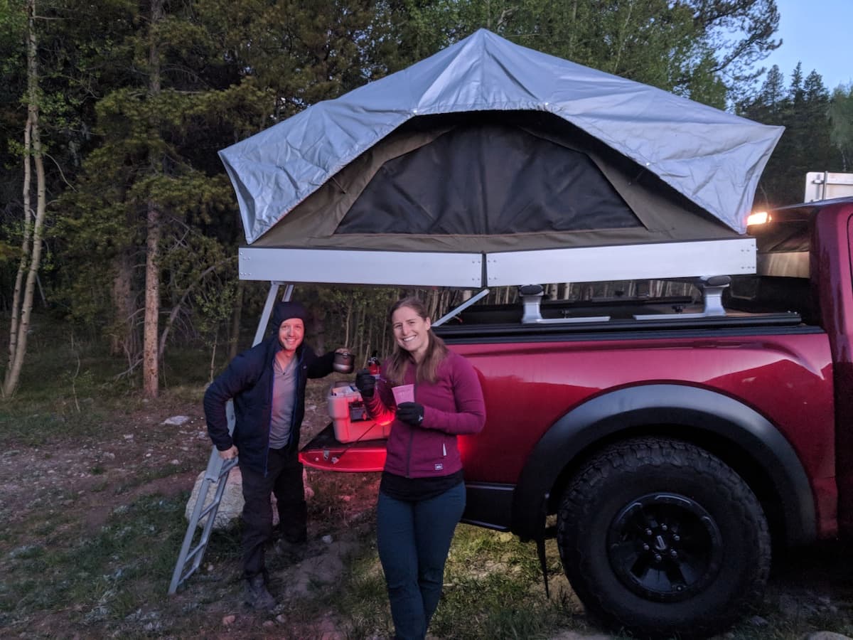 Camping at the trailhead and eating breakfast