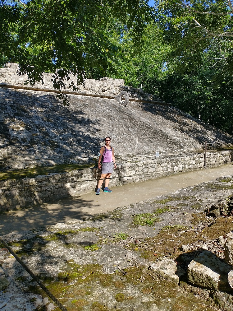 Ball court with a hoop on one side.