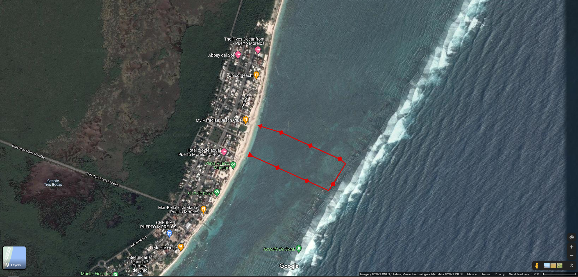 Map of our swim and standup paddle board route. 